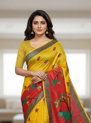 Anugrah Textile Embroidered Banarasi Lycra Blend, Chiffon Saree(Yellow, Red)