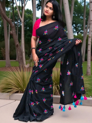 TARAMAACREATION Embroidered Handloom Handloom Pure Cotton Saree(Black)