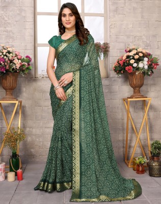 YASHIKA Printed Bandhani Georgette, Lace Saree(Green)