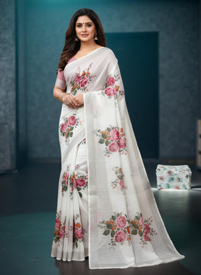 Myraani Floral Print Daily Wear Cotton Linen Saree(White)