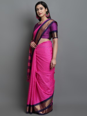 STARWOMEN Checkered, Embellished, Self Design, Striped, Woven Mysore Cotton Silk, Jacquard Saree(Pink, Dark Blue, Gold)