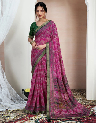 Samah Printed, Embellished Daily Wear Chiffon, Georgette Saree(Green, Pink)