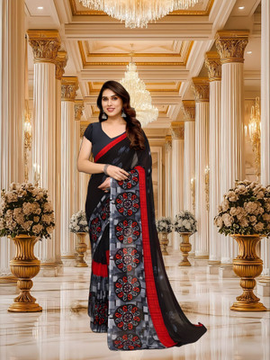 SmittenSmit Printed Bollywood Georgette Saree(Black, Grey)