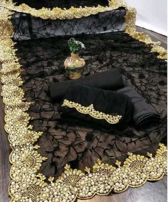 Zenomics Embroidered, Embellished Bollywood Net Saree(Black)
