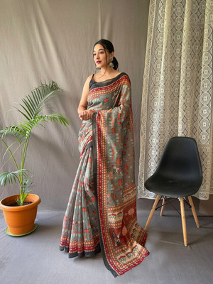revenclaw Digital Print Banarasi Cotton Linen Saree(Grey)