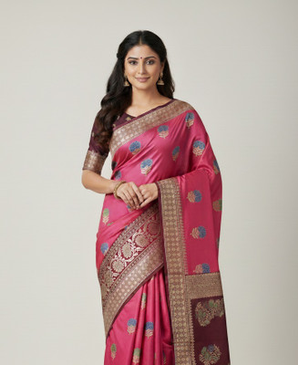 Anugrah Textile Embroidered Banarasi Lycra Blend, Chiffon Saree(Pink, Maroon)