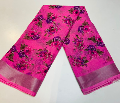 Tanishika creation Printed Banarasi Cotton Linen Saree(Pink)
