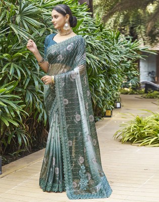Satrani Digital Print, Embellished, Floral Print Bollywood Lycra Blend Saree(Dark Green)
