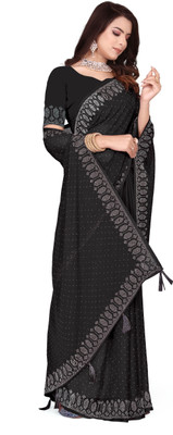 Looootnest Self Design Assam Silk Georgette Saree(Black)