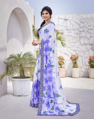 YASHIKA Printed Daily Wear Georgette, Lace Saree(Purple, White)
