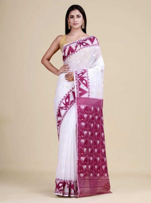 Revival Woven Jamdani Cotton Blend Saree(White, Magenta)