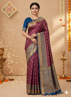 LOKAVANYA Printed Banarasi Cotton Silk Saree(Purple)