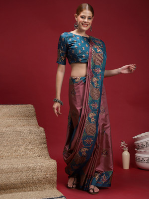 Sareemall Printed Chanderi Silk Blend Saree(Maroon, Blue)