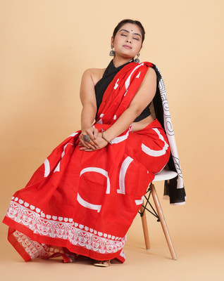 Krishna Creation Geometric Print, Printed, Floral Print Handloom Pure Cotton Saree(Red)