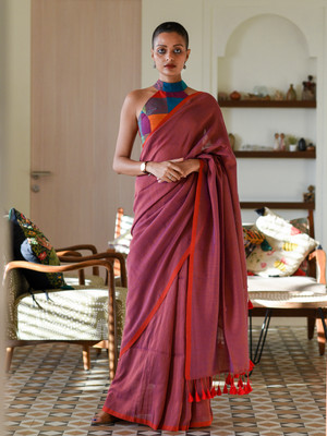 Suta Self Design Handloom Cotton Blend Saree(Pink)