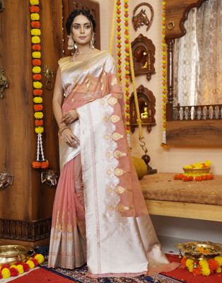 Samah Woven, Embellished, Self Design Banarasi Organza Saree(Pink, Silver)