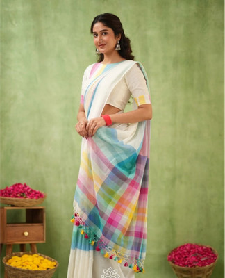 SMRITI HANDLLOM Striped Bollywood Handloom Mulmul Saree(White)