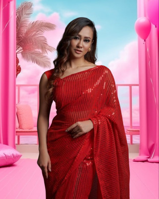 Jayu Digital Print, Dyed, Embroidered, Printed, Self Design, Striped Bollywood Georgette Saree(Red)
