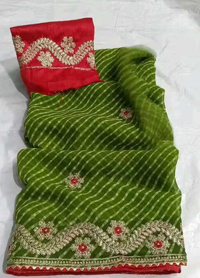 Clever Clothing Striped, Embroidered, Floral Print, Embellished Bollywood Georgette Saree(Green)