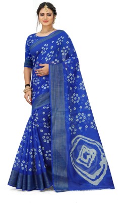 Grubstaker Printed Bandhani Cotton Jute Saree(Blue)