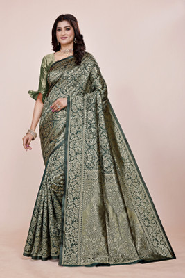 DHAYNAAND REEWA FASHION Floral Print Kanjivaram Jacquard, Tussar Silk Saree(Dark Green)