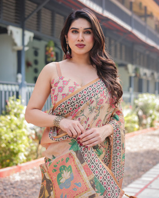 maharani couture Hand Painted Bollywood Cotton Linen Saree(Beige)
