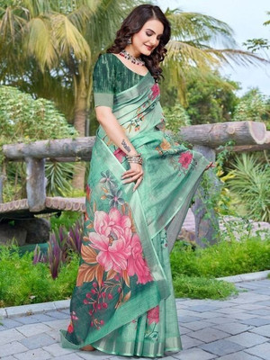 Soor Panchi Printed Leheria Cotton Linen Saree(Dark Green)