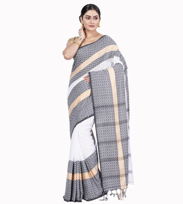 DipDiya Self Design, Embellished, Woven Handloom Pure Cotton Saree(White)