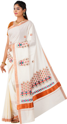 RSV FABRICS Embroidered Kasavu Cotton Blend Saree(Beige)
