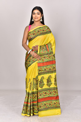 Ramshyam Collection Blocked Printed Daily Wear Pure Silk Saree(Yellow)