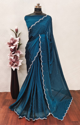 ZELENKA Embroidered Bollywood Chiffon Saree(Blue)
