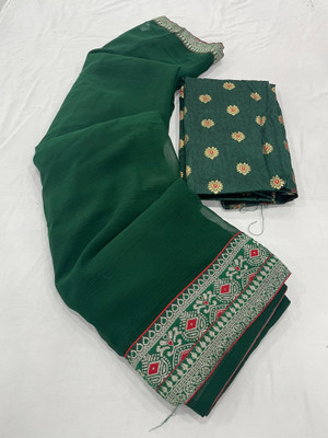 Dori Solid/Plain Bollywood Silk Blend Saree(Dark Green)