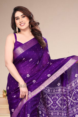 BilloRani Printed Bandhani Silk Blend Saree(Blue)