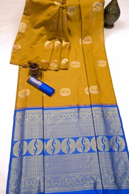 Flosive Striped Banarasi Pure Silk Saree(Yellow)