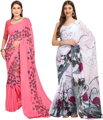 Dori Floral Print Daily Wear Georgette Saree(Pack of 2, Pink, White)