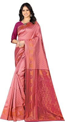 Pervas Woven Kanjivaram Silk Blend, Cotton Silk Saree(Pink)