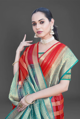 Aarunika SBT Striped Bollywood Organza Saree(Red, Blue)