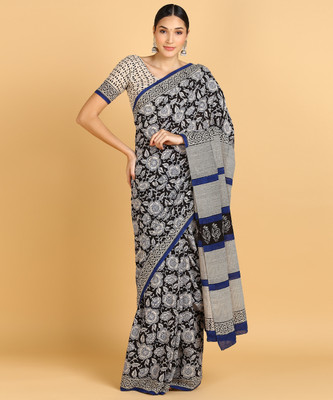 Blocks Of India Printed Hand Batik Pure Cotton Saree(Blue, Black)