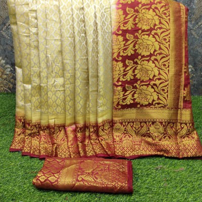 YUGLY Woven Kanjivaram Cotton Silk Saree(Beige)