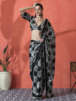 Sangria Printed Daily Wear Satin Saree(Black)