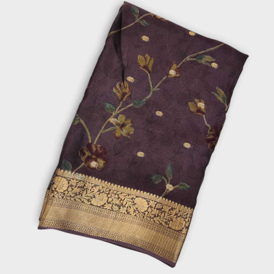 menitha Floral Print Banarasi Georgette Saree(Brown)