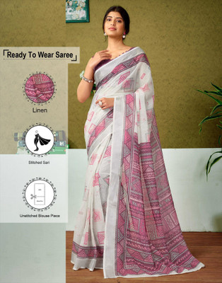 Samah Printed Bollywood Linen Saree(Multicolor, White, Purple)
