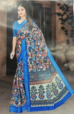 Sri Venkateshwara textile Digital Print Daily Wear Cotton Linen Saree(Blue, Multicolor)