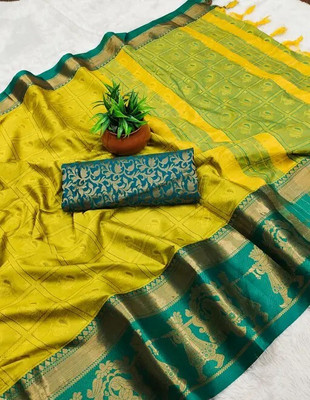 FashionPallavi Woven Dharmavaram Cotton Silk, Jacquard Saree(Yellow, Light Blue)