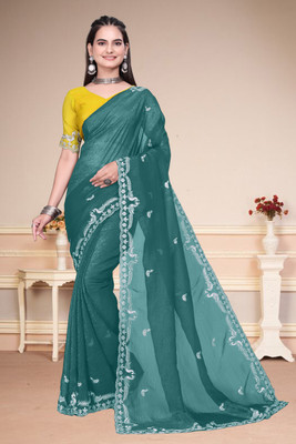 Infyshopy Fashions Self Design, Embroidered, Solid/Plain, Dyed Bollywood Georgette Saree(Green)
