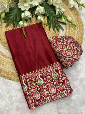 TRUORIGIN Printed Bollywood Silk Blend Saree(Maroon)