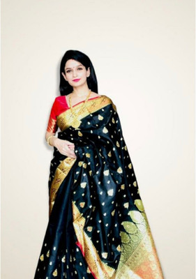 Ansari Fabrics Printed Banarasi Satin Saree(Black)
