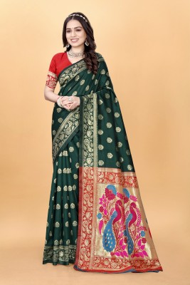 VARNI FABRICS Woven Paithani Silk Blend Saree(Dark Green)