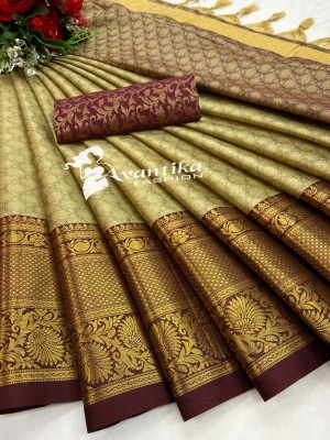 AVANTIKA FASHION Printed, Temple Border, Woven, Embellished, Solid/Plain Banarasi Art Silk, Cotton Silk Saree(Maroon, Cream)