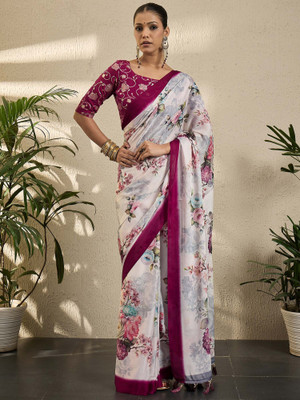Tasrika Printed Pochampally Georgette Saree(White)